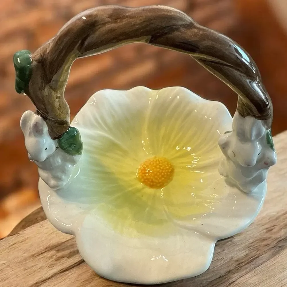 Ceramic Decorative Basket Floral Bunny Handle White Yellow Glossy China 5”